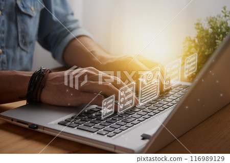 Casual Businessman and 1 Line Document Management System Concept 116989129