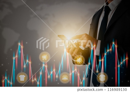Businessman Hand and Finger Touch Mobile Phone and Color Stock Graph and Online Products 116989130