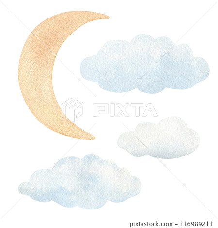 Watercolor illustration of stylized moon and clouds with watercolor texture of paper isolated Watercolor illustration of stylized moon and clouds with watercolor texture of paper isolated 116989211