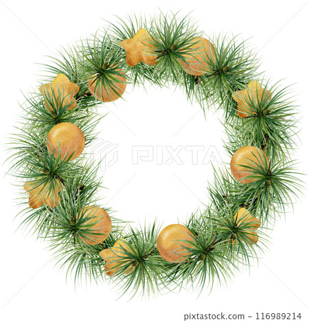 Pine, fir tree, spruce branches, gold bauble balls stars. Watercolor hand drawn illustration, wreath frame isolated on white. Xmas, happy new year festive, noel navidad. Cards, gifts, florist shop. Pine, fir tree, spruce branches, gold bauble balls stars. Watercolor hand drawn illustration, wreath frame isolated on white. Xmas, happy new year festive, noel navidad. Cards, gifts, florist shop. 116989214
