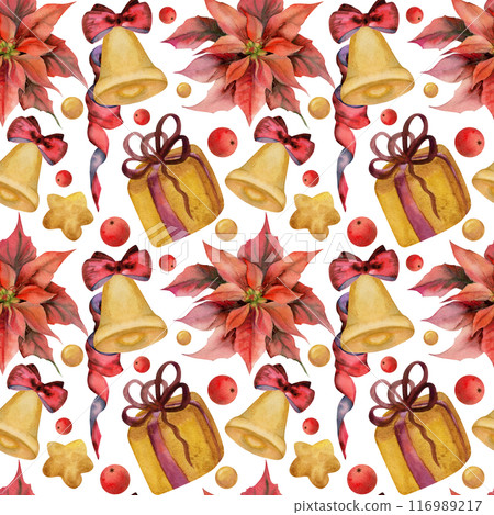 Red poinsettia flowers berries, gift gold star, bell. Watercolor hand drawn illustration, seamless pattern isolated on white. Xmas, happy new year festive, noel navidad holiday. Print paper, textile Red poinsettia flowers berries, gift gold star, bell. Watercolor hand drawn illustration, seamless pattern isolated on white. Xmas, happy new year festive, noel navidad holiday. Print paper, textile 116989217