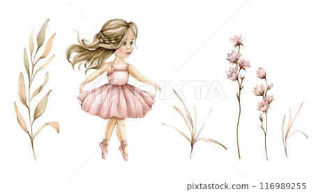Set of watercolor botanical autumn illustration branches and flowers. Floral illustration and dancing ballerina in pink dress. Hand painted drawing isolated on background. elegant herds pastel color 116989255