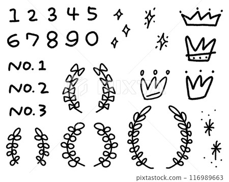 Cute icon set of doodle-style numbers and crowns, laurel, glitter Cute icon set of doodle-style numbers and crowns, laurel, glitter 116989663