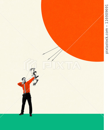 Businessman using archery in direction of abstract target. Precision and focus and achieving goals, strategic aiming, skills. Contemporary art collage. Businessman using archery in direction of abstract target. Precision and focus and achieving goals, strategic aiming, skills. Contemporary art collage. 116989691