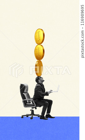 Businessman sitting with laptop and balancing stack of coins on head, symbolizing financial growth, strategic management. Contemporary art collage. 116989695