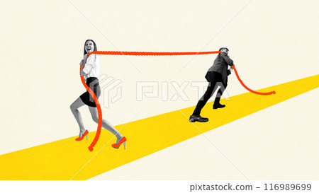 Man and woman, business people pulling red rope, symbolling professional competition, leadership and equal partnership. Contemporary art collage. 116989699