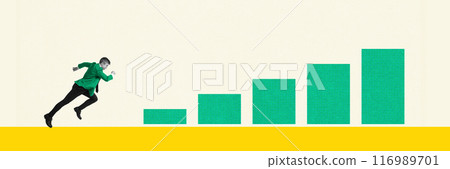 Businessman running in direction of growing bar chart, symbolizing pursuit of growth and success, effort and progress. Contemporary art collage. Businessman running in direction of growing bar chart, symbolizing pursuit of growth and success, effort and progress. Contemporary art collage. 116989701