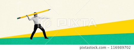 Businessman throwing pencil like javelin symbolizing dynamic strategic, innovations, achieving new horizons. Contemporary art collage. 116989702