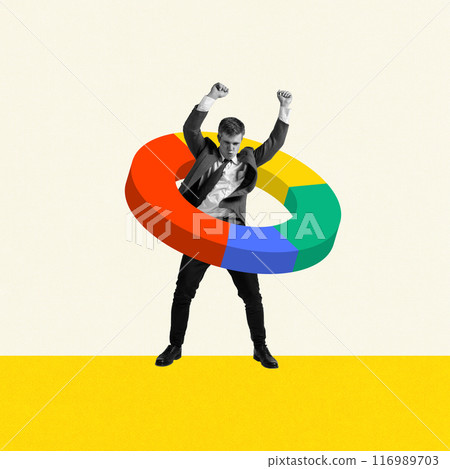 Businessman spinning doughnut char, symbolizing management of business metrics, dynamic strategy and balance. Contemporary art collage. 116989703