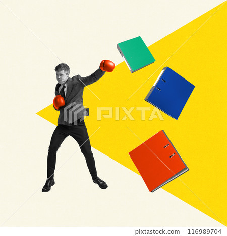 Businessman in boxing gloves hitting folders with documents. Professional challenges, deadlines. Contemporary art collage. 116989704