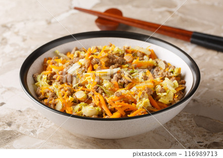 Eggroll in a bowl with coleslaw mix and ground beef closeup. Horizontal 116989713