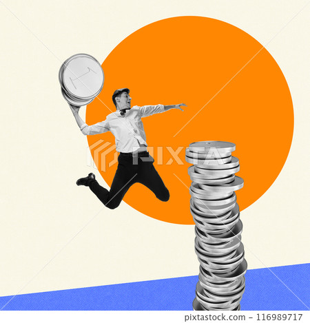 Businessman in jump throwing coins next to stack of coins, symbolizing taking risk and reward, investment and promotion. Contemporary art collage. Businessman in jump throwing coins next to stack of coins, symbolizing taking risk and reward, investment and promotion. Contemporary art collage. 116989717