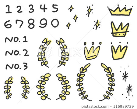 Cute icon set of doodle-style numbers and crowns, laurel, glitter 116989729