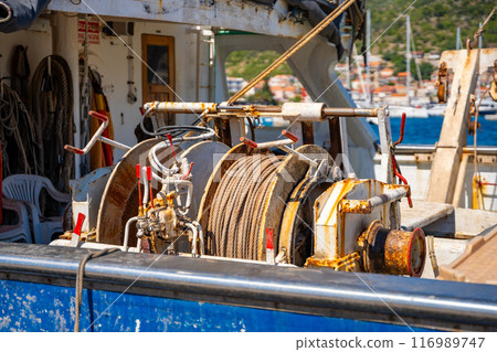 Fishing boat parking on Vela Luka town in Korcula island, Croatia Fishing boat parking on Vela Luka town in Korcula island, Croatia 116989747