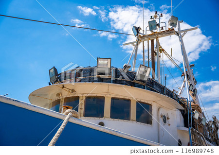Fishing boat parking on Vela Luka town in Korcula island, Croatia 116989748