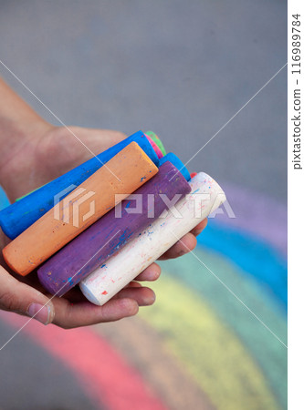 Colored sidewalk chalks children's hands. Draw on the street. Drawing for kids 116989784