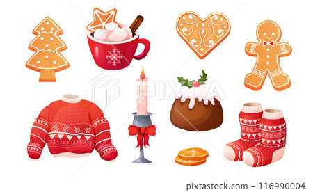 Set Traditional Pudding, Christmas cake, gingerbread cookies, cup with hot chocolate,winter dessert, pastry with cream, candle, garland winter sweater 116990004