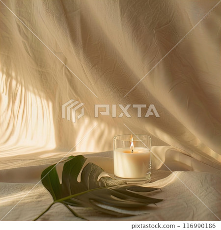 Soy wax scented candle mockup, clear glass container candle front view mockup, tropical style and palm leaves Soy wax scented candle mockup, clear glass container candle front view mockup, tropical style and palm leaves 116990186