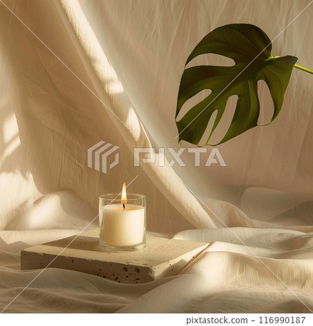 Soy wax scented candle mockup, clear glass container candle front view mockup, tropical style and palm leaves Soy wax scented candle mockup, clear glass container candle front view mockup, tropical style and palm leaves 116990187
