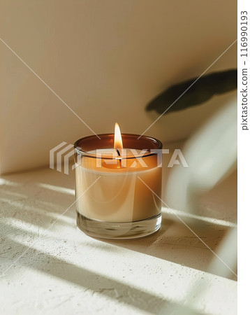 Soy wax scented candle mockup, clear glass container candle front view mockup, tropical style and palm leaves 116990193