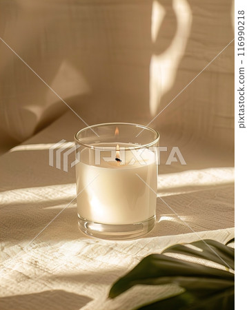 Soy wax scented candle mockup, clear glass container candle front view mockup, tropical style 116990218