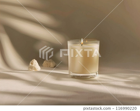 Soy wax scented candle mockup, clear glass container candle front view mockup, tropical style Soy wax scented candle mockup, clear glass container candle front view mockup, tropical style 116990220