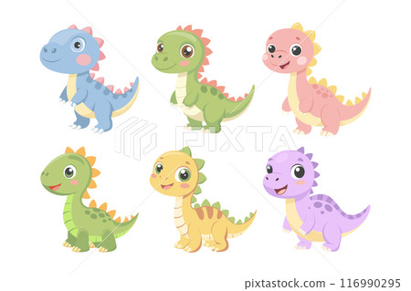 Cute Baby Dinosaurs Set. Little Cute Dinosaur Characters. Fairytale Monsters. Stickers, Badges, Prints Cute Baby Dinosaurs Set. Little Cute Dinosaur Characters. Fairytale Monsters. Stickers, Badges, Prints 116990295