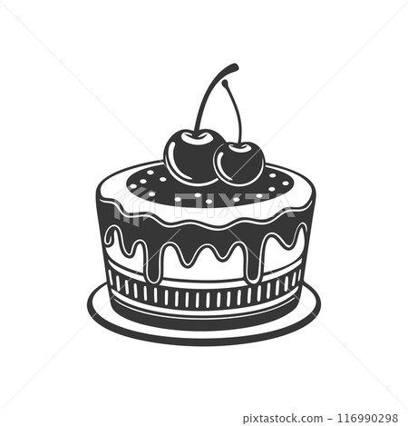 Cherry cake on white background, engraving, silhouette. Black and white illustration of dessert, pastry, food icon Cherry cake on white background, engraving, silhouette. Black and white illustration of dessert, pastry, food icon 116990298
