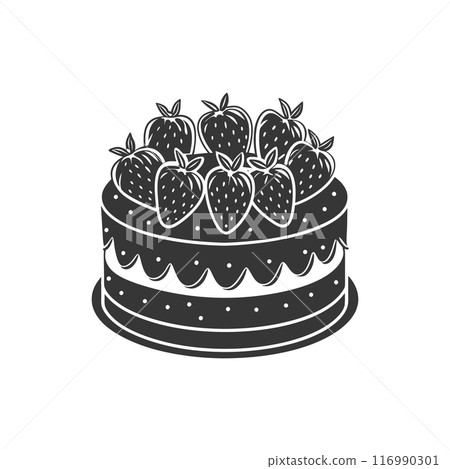 Strawberry cake on white background, engraving, silhouette. Black and white illustration of dessert, pastry, food icon Strawberry cake on white background, engraving, silhouette. Black and white illustration of dessert, pastry, food icon 116990301