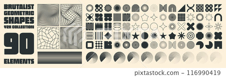 Brutalist geometric shapes, modern symbols. Groovy checkered pattern, distorted tiled grid. Simple elements, forms. Retro design, trendy contemporary minimalist style, y2k. Vector illustration Brutalist geometric shapes, modern symbols. Groovy checkered pattern, distorted tiled grid. Simple elements, forms. Retro design, trendy contemporary minimalist style, y2k. Vector illustration 116990419