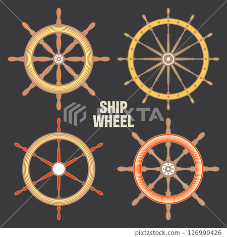Wooden vintage steering wheels. Ship, sailboat or yacht retro wheel symbol. Colorful nautical rudder icon. Marine logotype design element. Vector illustration 116990426