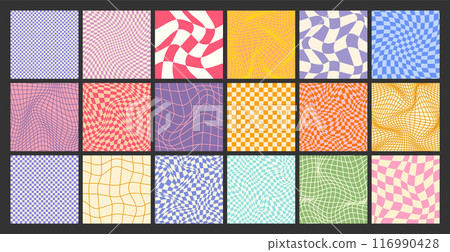 Groovy checkered pattern, colorful distorted tiled grid. Vintage wavy curved backdrop, distortion effect. Funky geometric chessboard texture, retro background in 90s style, y2k. Vector illustration 116990428
