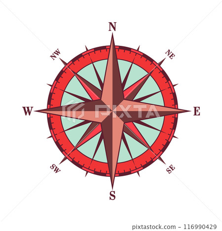 Vintage marine wind rose, nautical chart. Colorful navigational compass with cardinal directions of North, East, South, West. Geographical position, cartography and navigation. Vector illustration 116990429