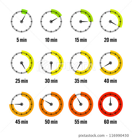 Simple stopwatch icons. Colorful chronometer, time counter with dial. Countdown timer showing hours and minutes. Deadline, measurement for sport. Cooking time label, sticker. Vector illustration Simple stopwatch icons. Colorful chronometer, time counter with dial. Countdown timer showing hours and minutes. Deadline, measurement for sport. Cooking time label, sticker. Vector illustration 116990430