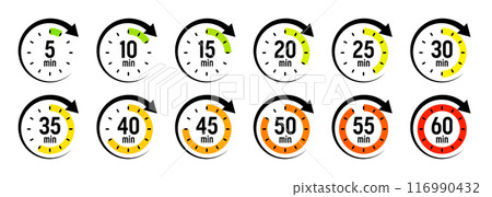 Stopwatch icons with pointer arrow. Colorful chronometer, time counter with dial. Countdown time, hours and minutes. Deadline, sport measurement. Cooking time label, sticker. Vector illustration Stopwatch icons with pointer arrow. Colorful chronometer, time counter with dial. Countdown time, hours and minutes. Deadline, sport measurement. Cooking time label, sticker. Vector illustration 116990432
