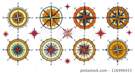 Vintage marine wind rose, nautical chart. Colorful navigational compass with cardinal directions of North, East, South, West. Geographical position, cartography and navigation. Vector illustration 116990433