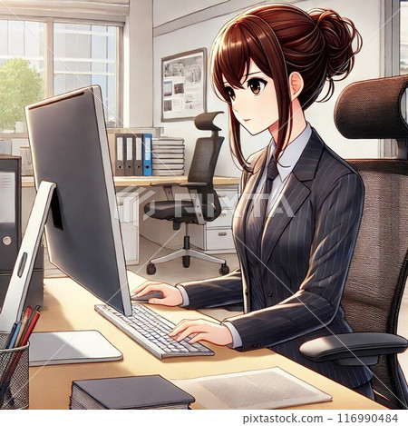 Woman facing a computer 116990484