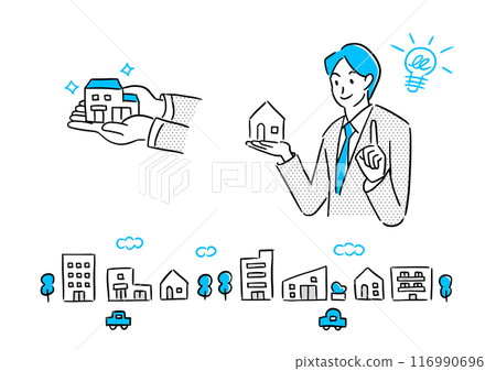 A real estate salesman recommending a property and a streetscape A real estate salesman recommending a property and a streetscape 116990696