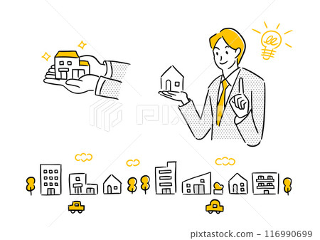 A real estate salesman recommending a property and a streetscape A real estate salesman recommending a property and a streetscape 116990699