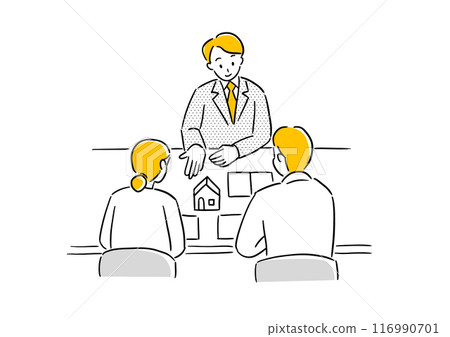 A real estate agent explaining a house to a couple A real estate agent explaining a house to a couple 116990701