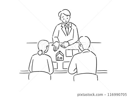 A real estate agent explaining a house to a couple 116990705