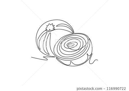 Continuous one line drawing whole and sliced healthy organic onion for herbal logo identity. Fresh cultivated seasoning concept for vegetable icon. Single line draw design vector graphic illustration Continuous one line drawing whole and sliced healthy organic onion for herbal logo identity. Fresh cultivated seasoning concept for vegetable icon. Single line draw design vector graphic illustration 116990722