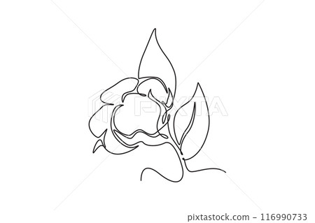 Single continuous line drawing of whole soft and fluffy cotton flower for farming logo identity. Staple fiber flower concept for garden icon. Dynamic one line draw graphic design vector illustration 116990733