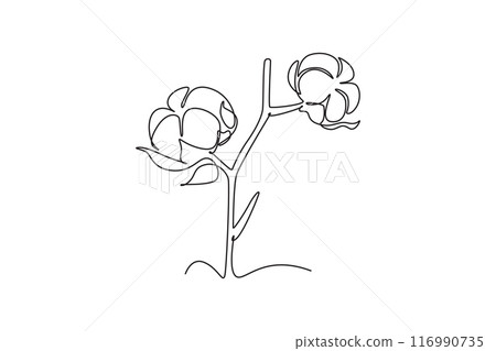 Single continuous line drawing of whole soft and fluffy cotton flower for farming logo identity. Staple fiber flower concept for garden icon. Dynamic one line draw graphic design vector illustration 116990735