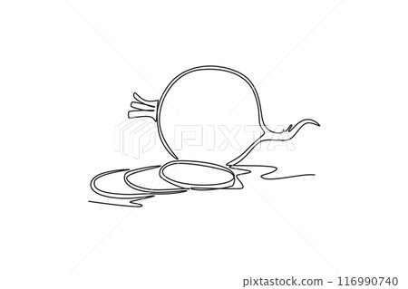 Single continuous line drawing sliced healthy organic white turnip for plantation logo identity. Fresh veggie concept for root vegetable icon. Dynamic one line draw graphic design vector illustration Single continuous line drawing sliced healthy organic white turnip for plantation logo identity. Fresh veggie concept for root vegetable icon. Dynamic one line draw graphic design vector illustration 116990740