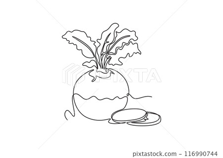 Single one line drawing whole and sliced healthy raw organic white turnip for farm logo identity. Fresh plant concept for root vegetable icon. Continuous line draw design graphic vector illustration Single one line drawing whole and sliced healthy raw organic white turnip for farm logo identity. Fresh plant concept for root vegetable icon. Continuous line draw design graphic vector illustration 116990744