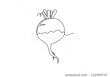 Single one line drawing of whole healthy organic white turnip for plantation logo identity. Fresh veggie concept for root vegetable icon. Modern continuous line draw design graphic vector illustration Single one line drawing of whole healthy organic white turnip for plantation logo identity. Fresh veggie concept for root vegetable icon. Modern continuous line draw design graphic vector illustration 116990747