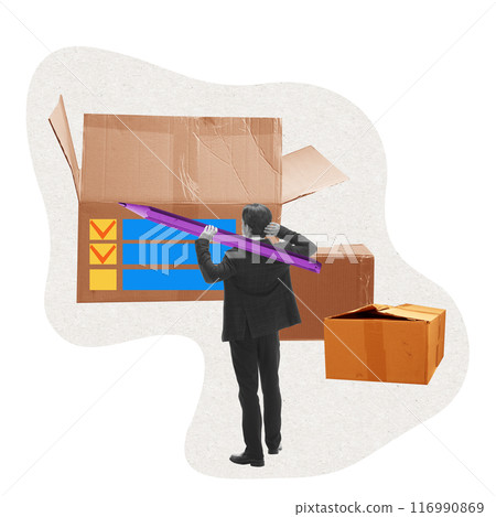 Man standing next to carton box with pencil and filling blanks with check marks. Quality control and verification, task management. Contemporary art collage. 116990869