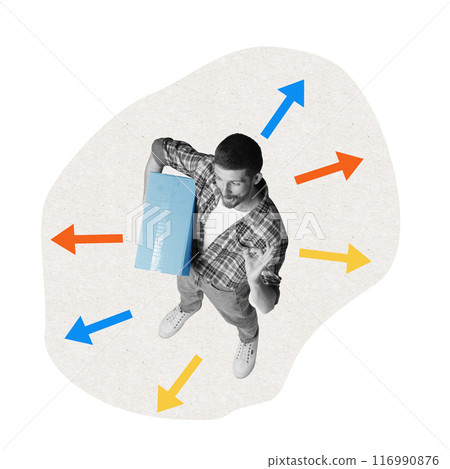 Man with box showing on symbols around multicolored arrows. Successful management, effective communication and loyalty. Contemporary art collage. 116990876