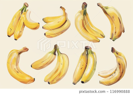 Illustration set of vibrant yellow bananas in various arrangements. Generative AI 116990888
